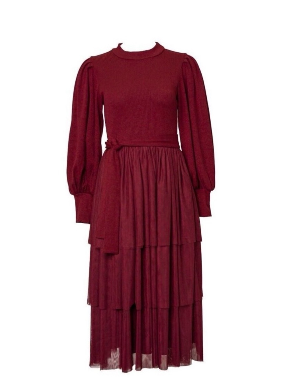 Ivy City Co Cosette Midi Dress Wine Red Ribbed Knit Tulle Ruffles Romantic Small - Picture 3 of 4